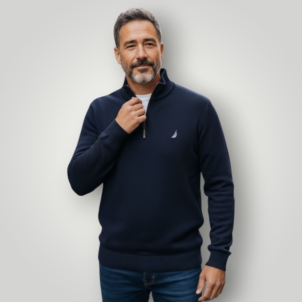 Nautica Mens L Navy Quarter-Zip Pullover Sweatshirt Preppy‎ Maritime Coast
